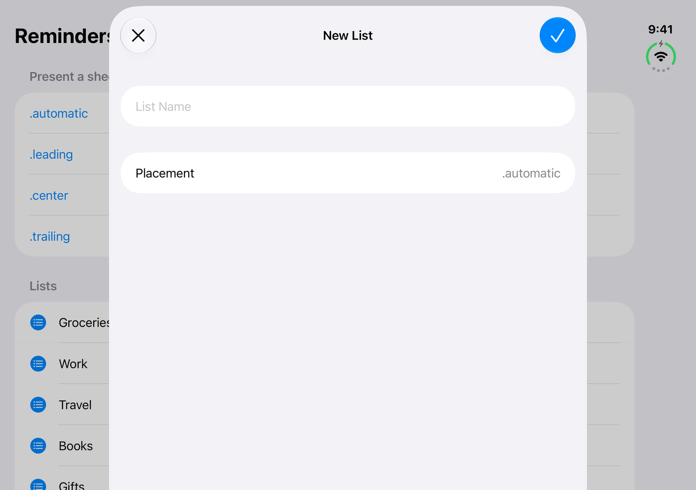 A New List sheet in the middle of a fully open iPhone Duo, with the dimmed Reminders list visible on both sides.