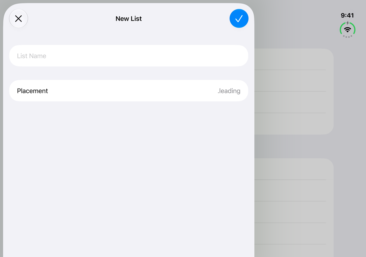 The New List sheet against the left edge of a fully open iPhone Duo, with the dimmed app visible on the right.