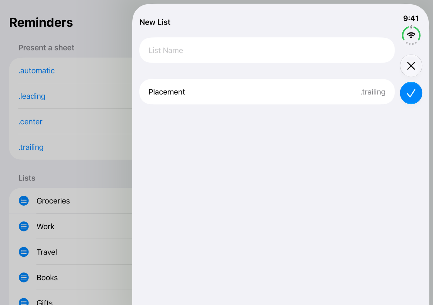 The New List sheet against the right edge of a fully open iPhone Duo, with close and done stacked in the vertical bar under the time.