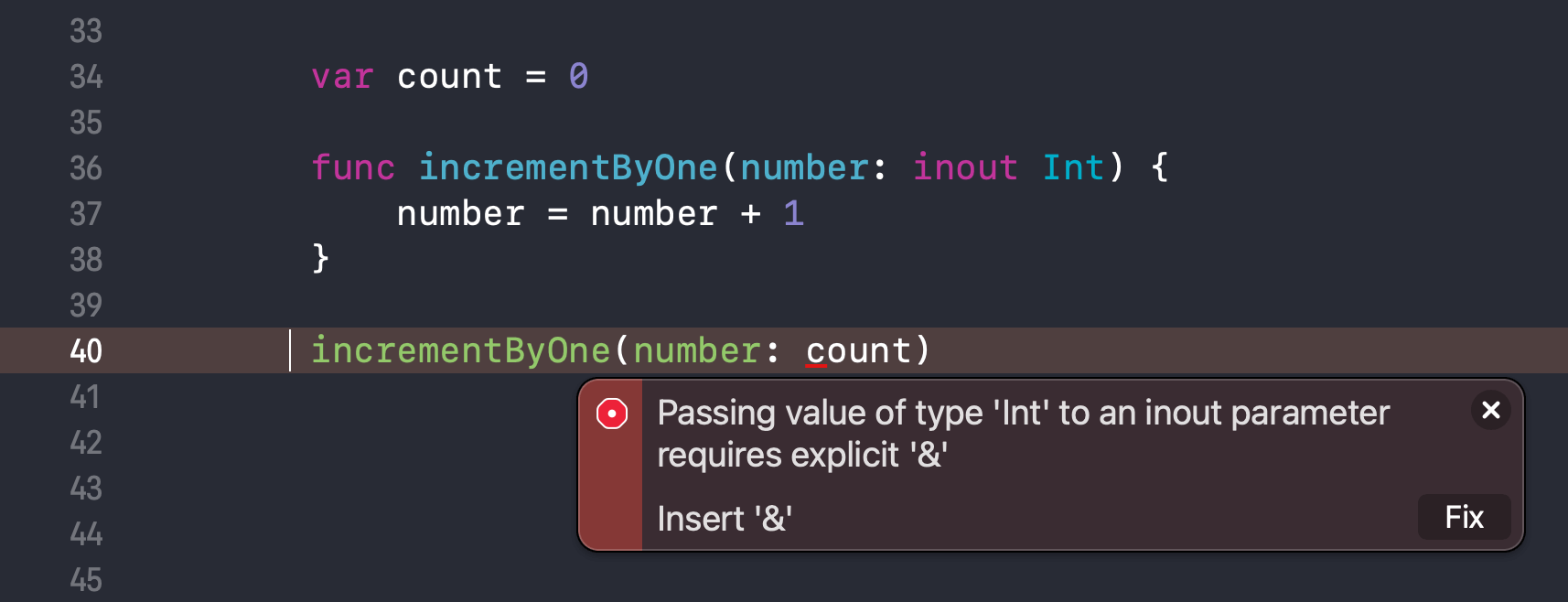Passing value of type 'int' to an inout parameter requires explicit '&'.