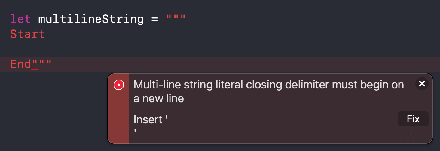 Multi-line string literal closing delimiter must begin on a new line.