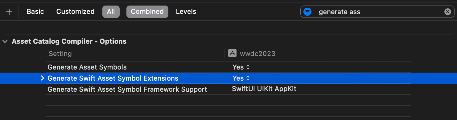 Enable and disable Swift Asset Symbol Extensions generation using "Generate Swift Asset Symbol Extensions" flag.