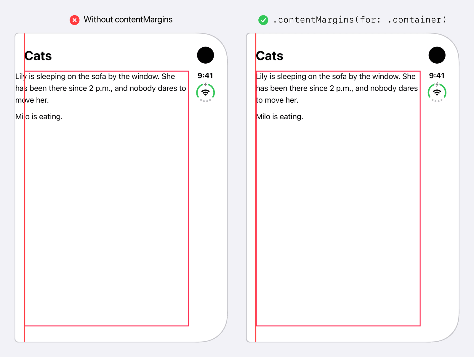 The Cats screen twice on a closed iPhone Duo, with a pink border around the container margins and a red line where the title starts. On the left, without contentMargins, a long paragraph about Lily and a line about Milo touch the left edge of the screen, before the red line, and the paragraph runs past the right side of the border. On the right, with contentMargins(for: .container), the text starts on the red line, in line with the title, and wraps at the right side of the border, before the bar.