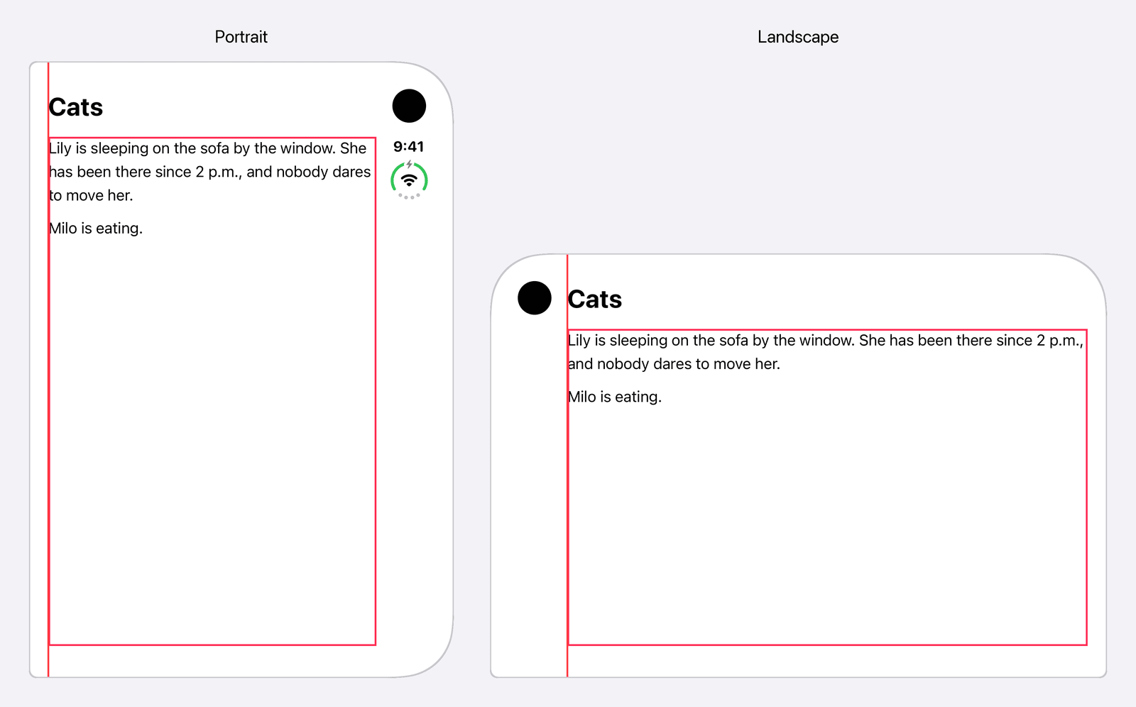 The Cats screen on a closed iPhone Duo in portrait and landscape, with a pink border around the container margins and a red line where the title starts. In portrait, the bar is on the right. The border starts 20 points from the left edge, in line with the title, and ends right at the bar. In landscape, the bar with the camera is on the left. The border starts right after it and ends 20 points from the right edge. In both, the text starts on the red line and wraps at the far side of the border.