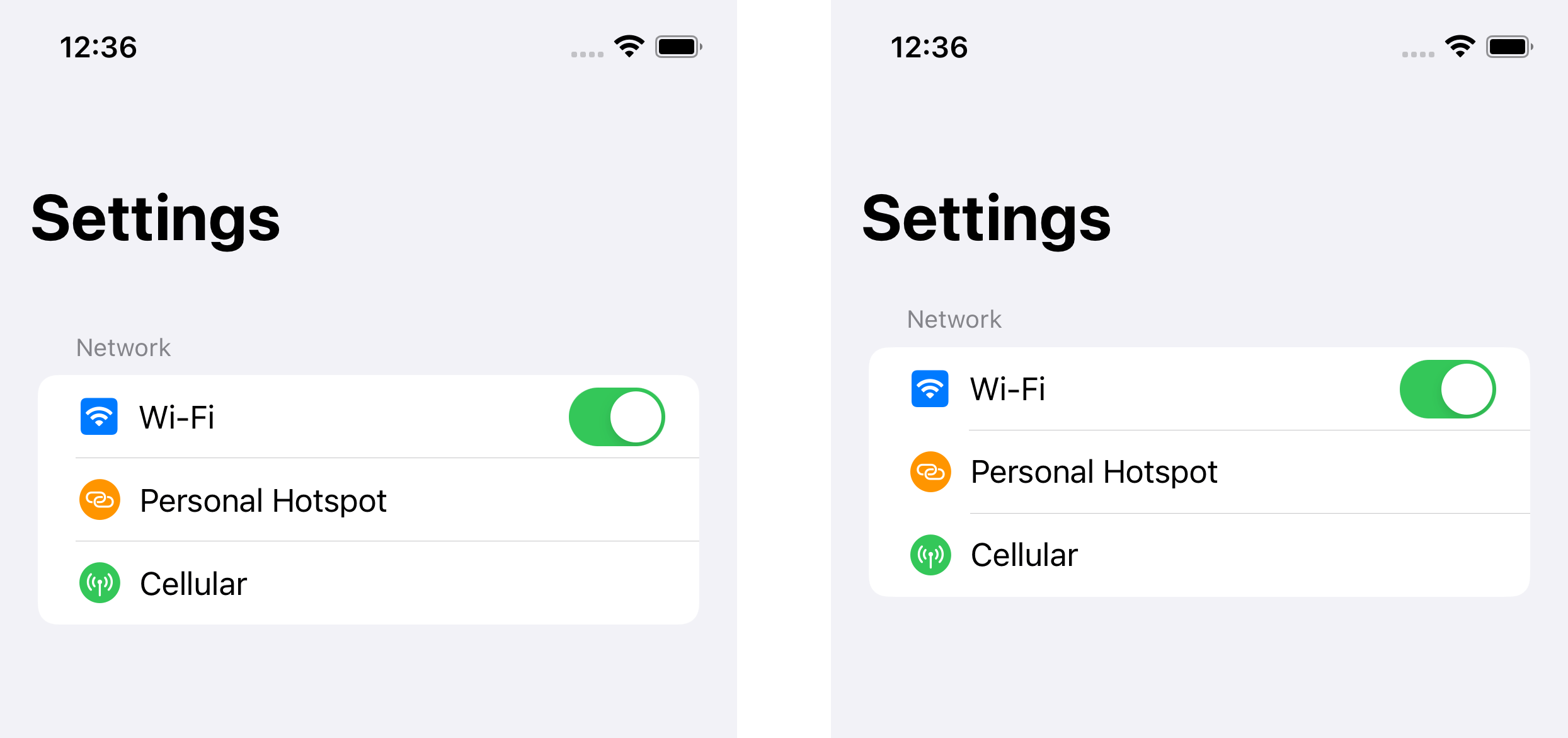 .insetGrouped list style on iOS 15 (Left) vs iOS 16 (Right).