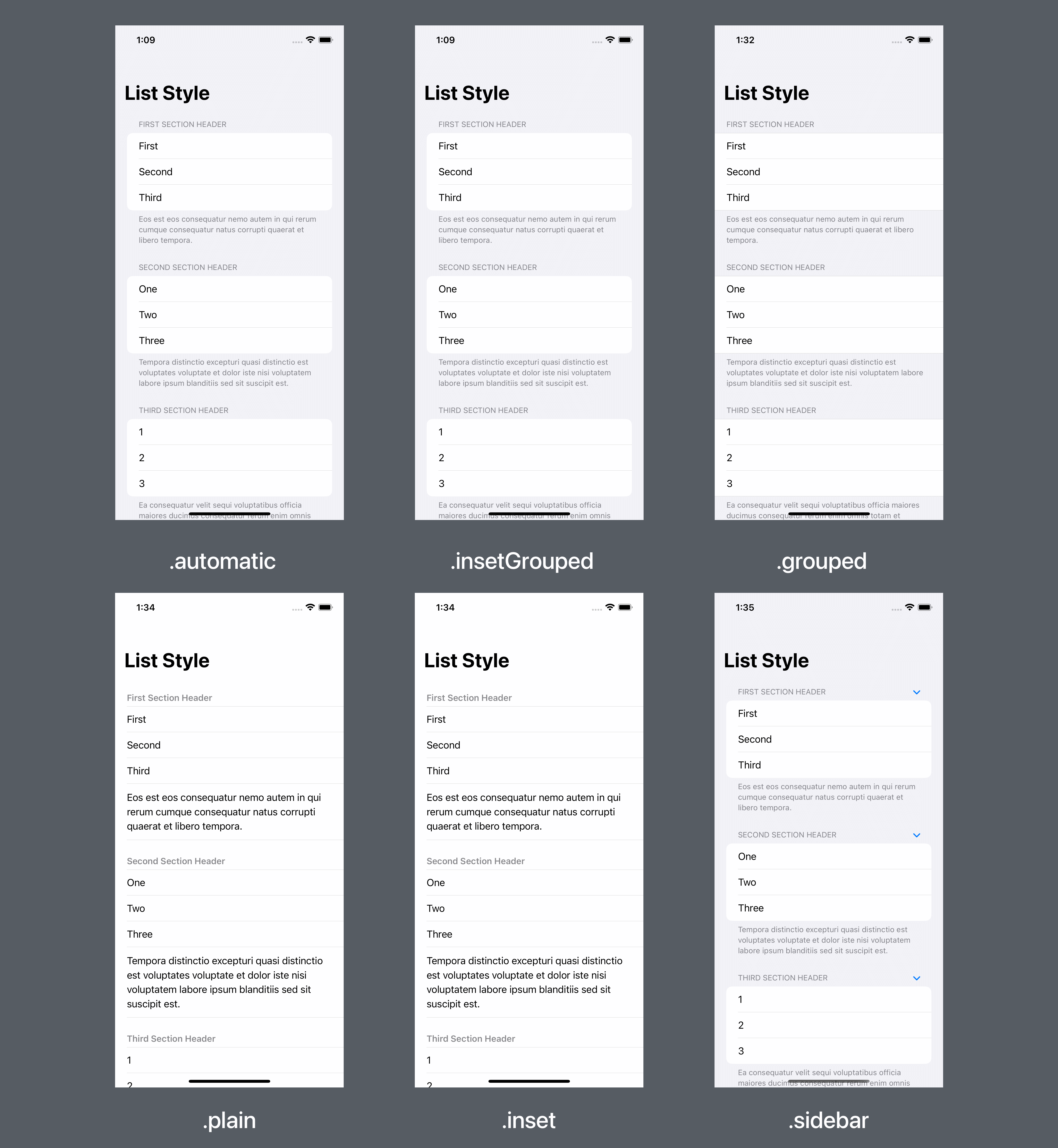 All six list styles you can use in iOS.