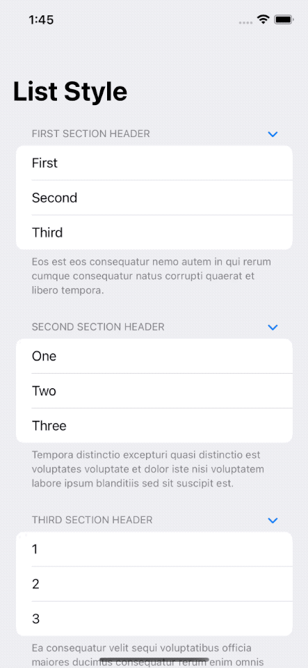 Tap on disclosure indicators in the section headers will collapse and expand that section.