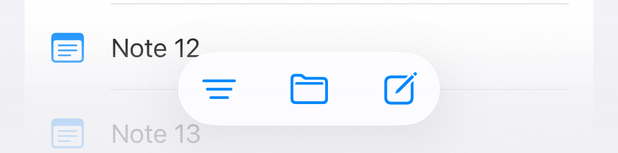 Filter, Folder, and Compose icons in one glass capsule centered at the bottom of the screen.