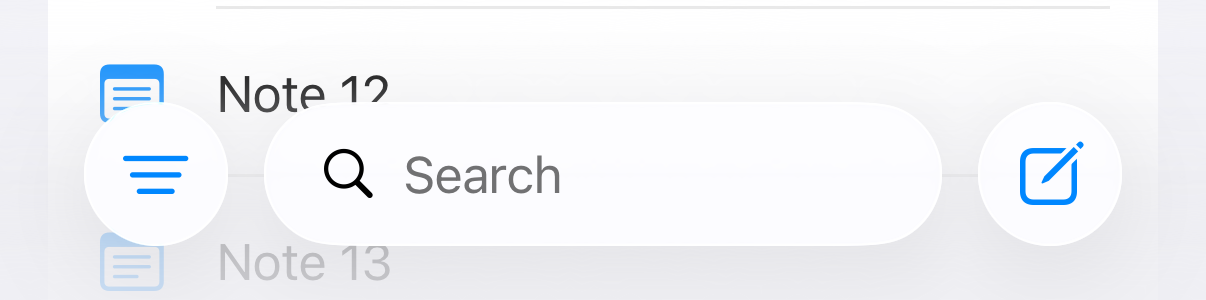A round Filter button, a separate Search field capsule, and a round Compose button at the bottom.