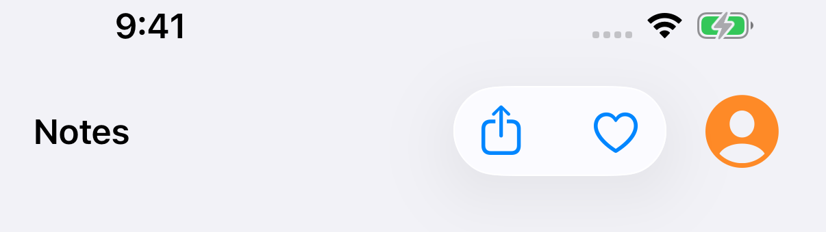 Share and Favorite in a glass capsule, and an orange profile icon with no glass behind it.