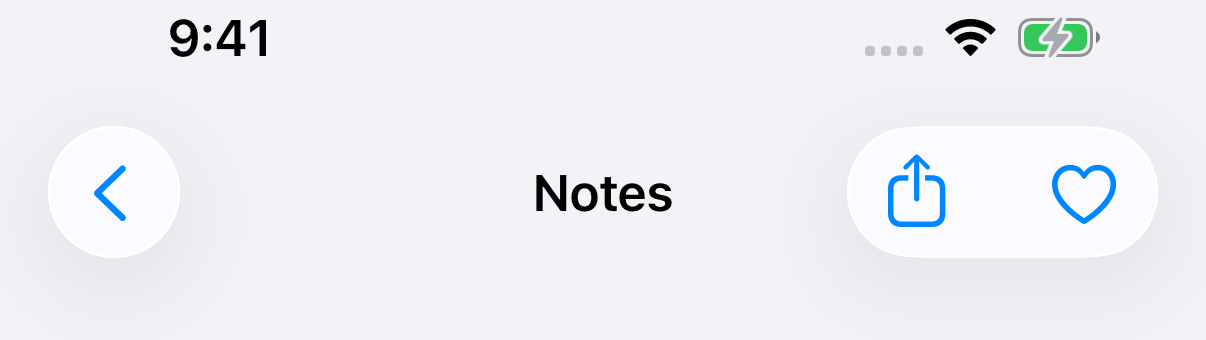 A round glass back button on the leading edge, the Notes title in the middle, and a capsule with Share and Favorite on the trailing edge.
