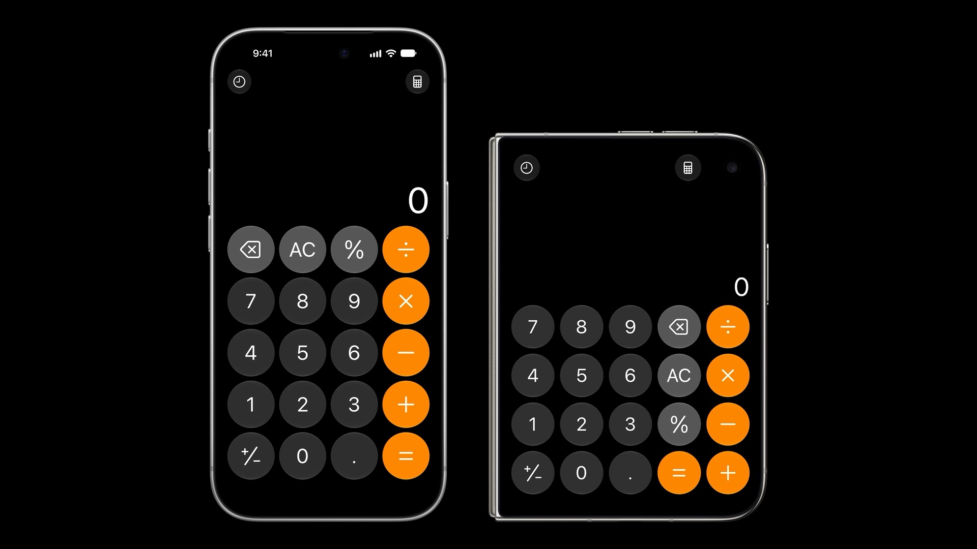 Calculator on a regular iPhone beside Calculator on iPhone Duo, both keeping a horizontal keypad that fills the display.
