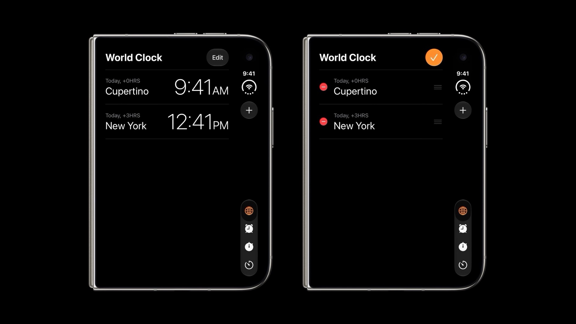 World Clock on iPhone Duo: Edit as text at the top, then Done as an orange checkmark in the same spot. Neither moves to the vertical tab bar.