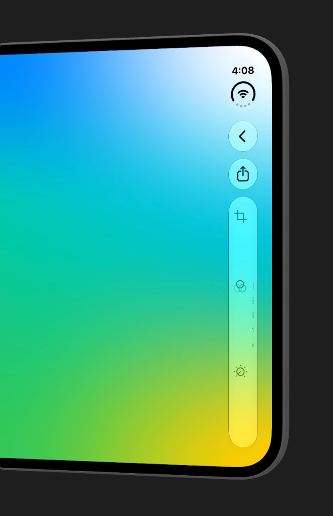 The same custom panel in the vertical bar, squeezed into a tall capsule with Crop at the top and Filter and Adjust clipped below.