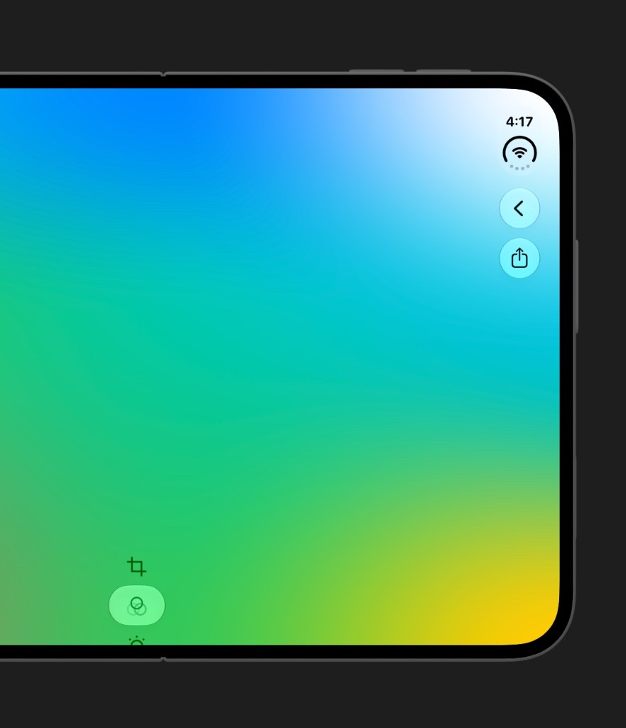 iPhone Duo with back and share in the vertical bar, while the custom Crop, Filter, and Adjust panel stays along the bottom of the screen.