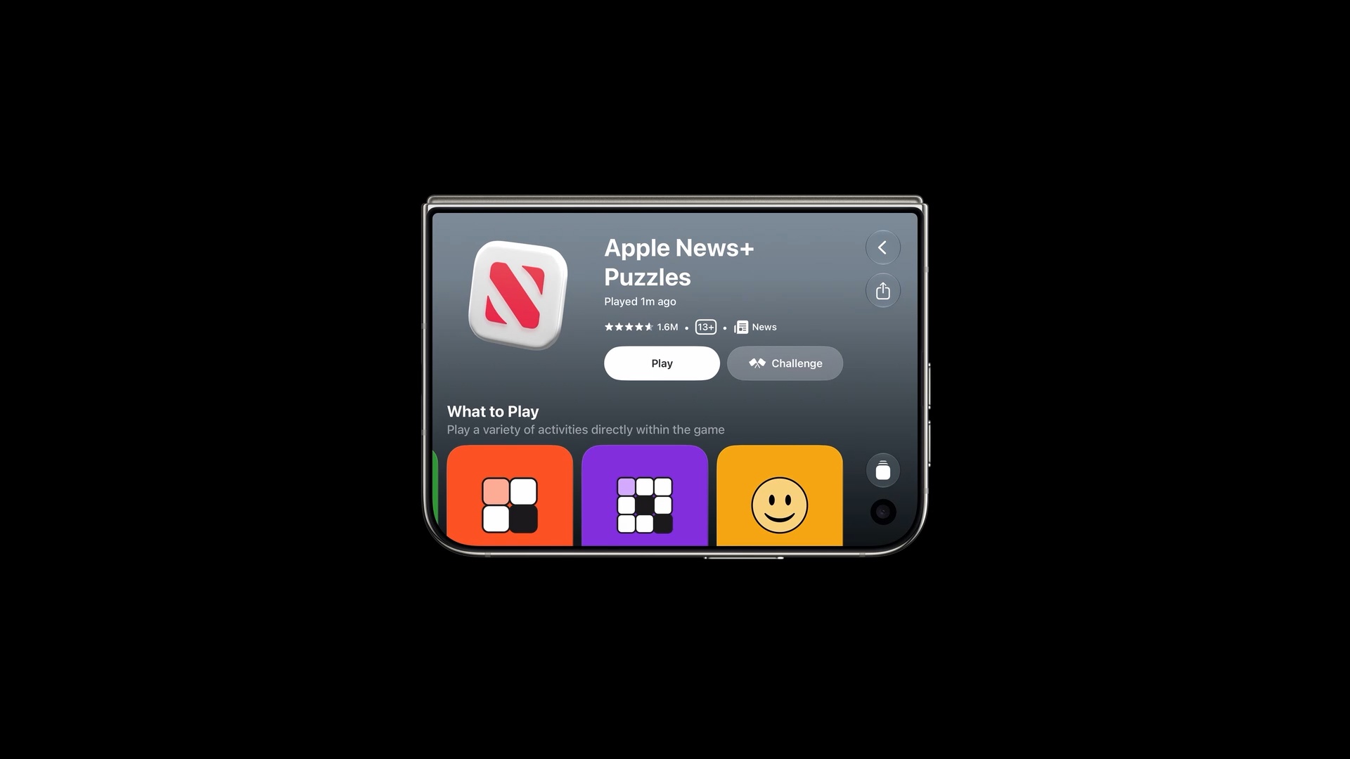 Games on iPhone Duo showing Apple News+ Puzzles, with back and share in the vertical bar and no tab bar on screen.