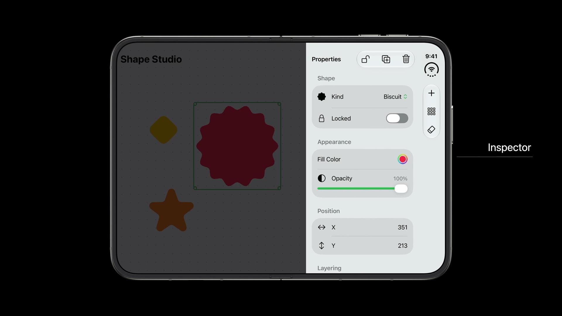 Shape Studio on iPhone Duo with an expanded inspector. Share, copy, and delete stay in a horizontal bar on the inspector, while the detail column keeps the vertical bar along the display edge, labeled Inspector.