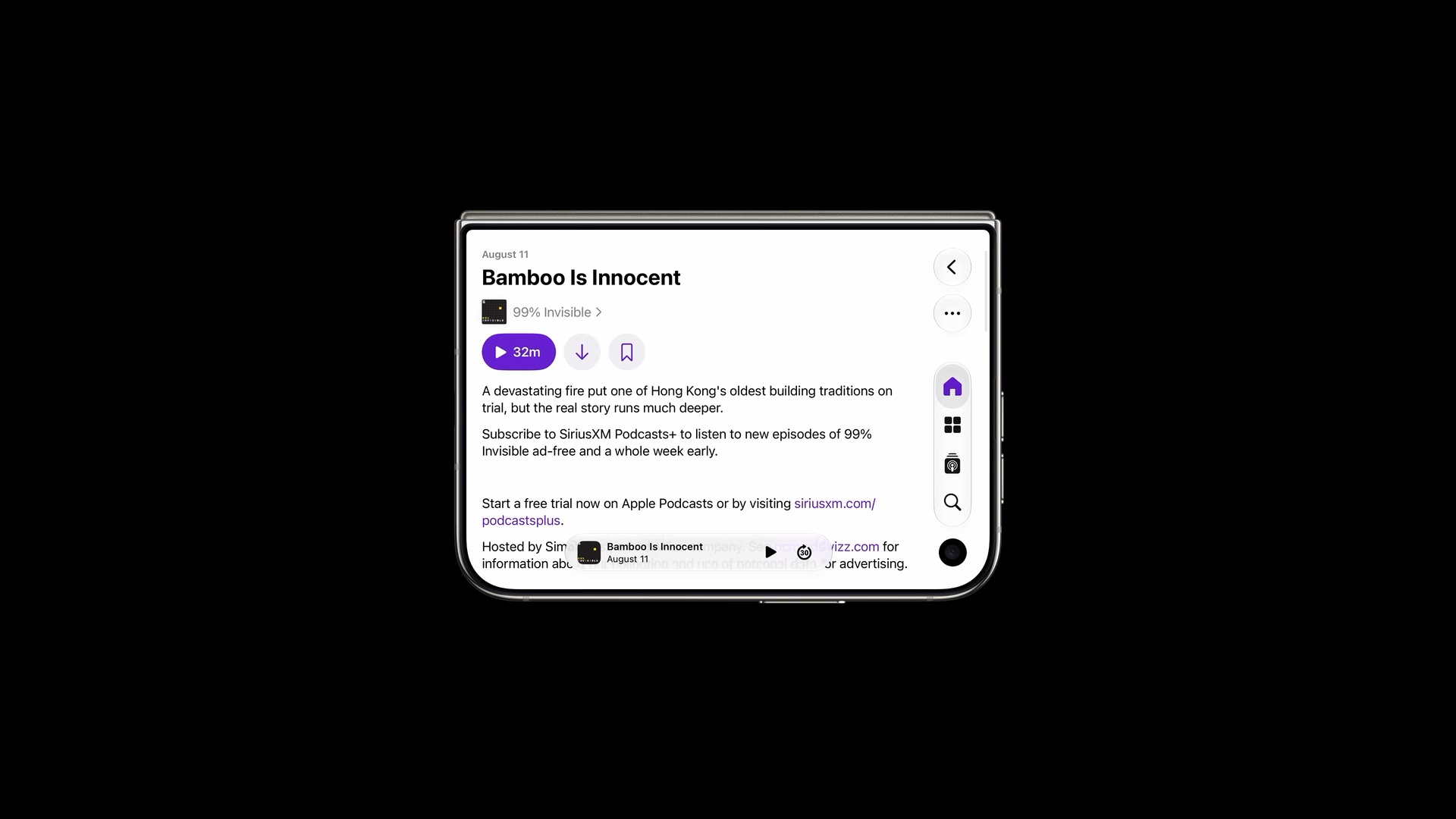 Podcasts on iPhone Duo showing an episode page. Home, Library, and Search stay in the vertical bar, with an overflow button above them.
