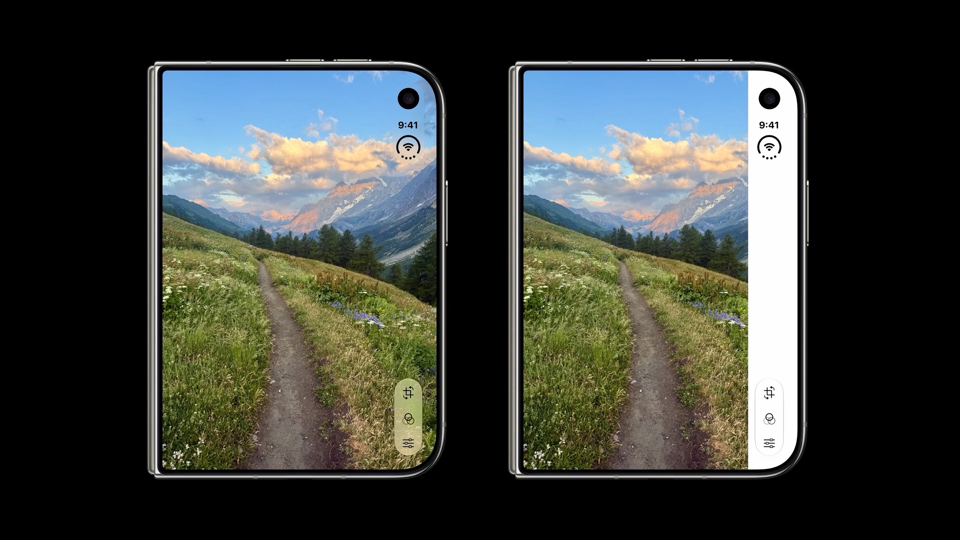 Two iPhone Duo devices showing a vertical bar over a landscape photo: transparent on the left, with a solid white background on the right when Reduce Transparency is on.