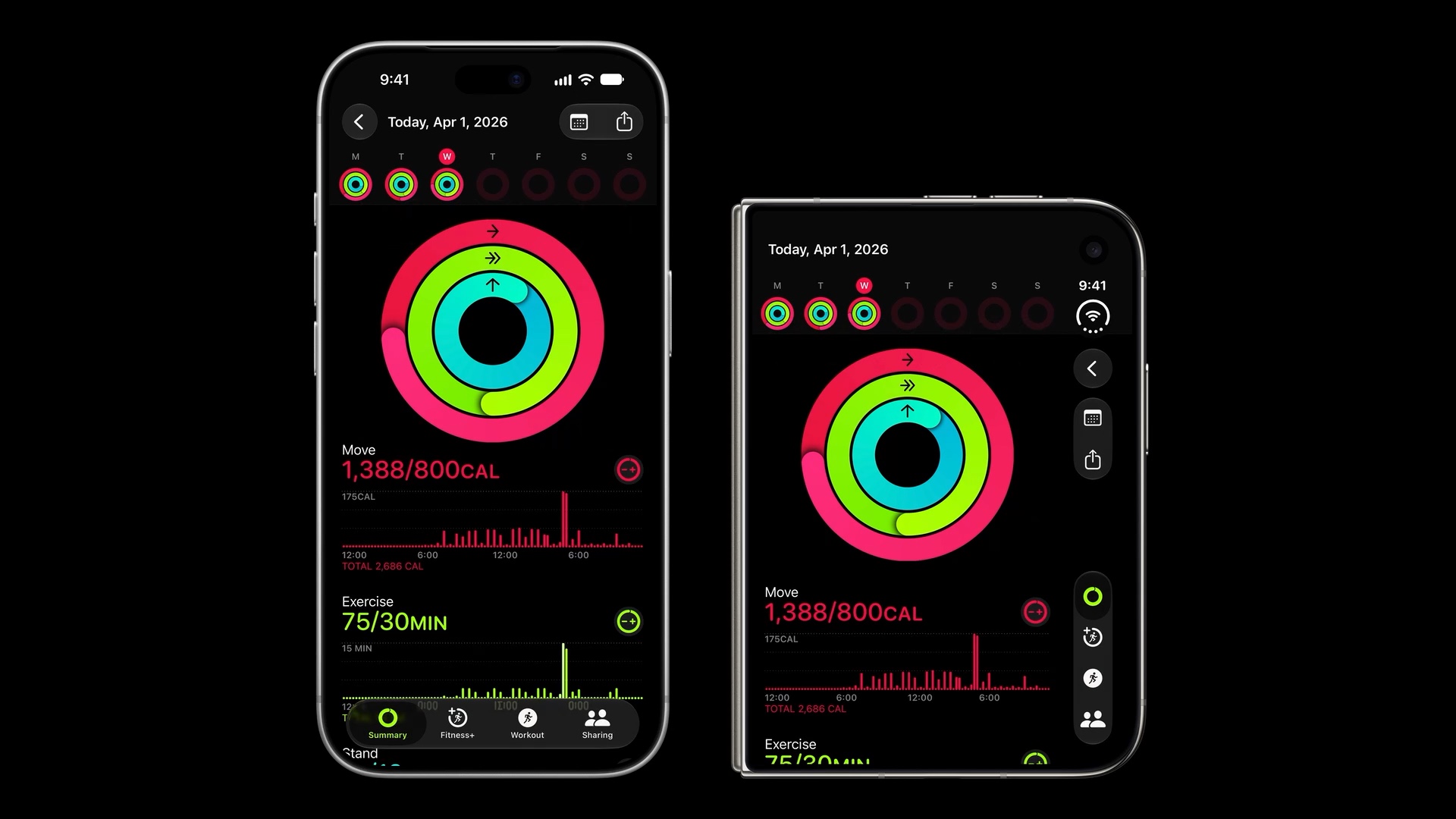 Fitness on a traditional iPhone with a navigation bar at the top and a tab bar at the bottom, beside iPhone Duo with the back button, toolbar items, and tabs together in one vertical bar along the edge.
