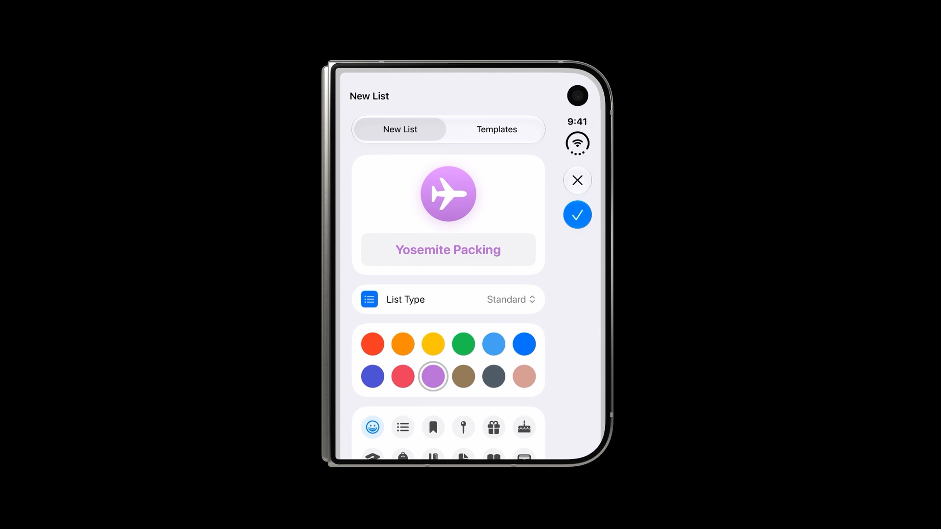 A New List sheet on the outer display of iPhone Duo, with close and done stacked in a vertical bar along the edge.