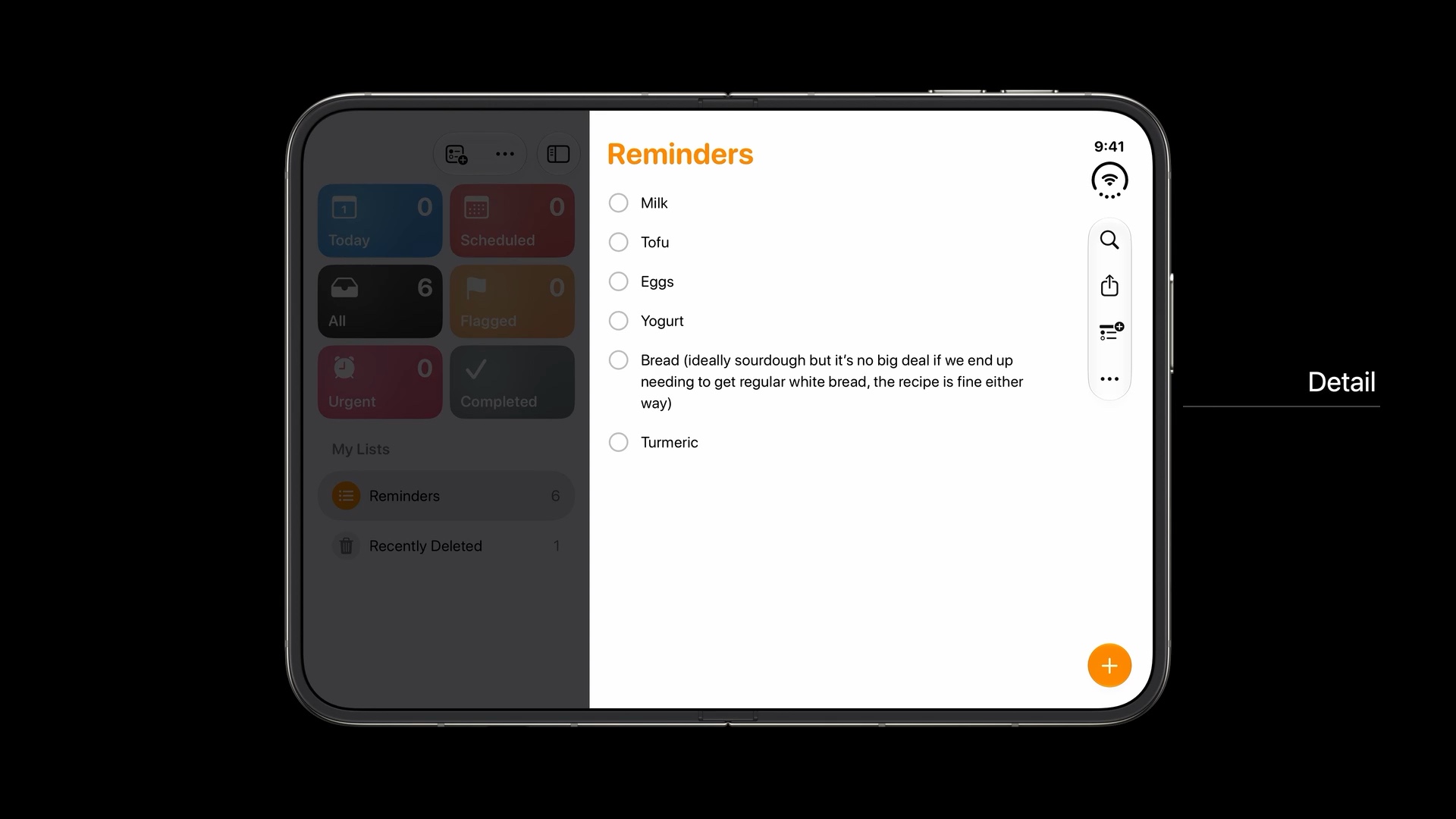 Reminders in a split view on iPhone Duo, with the sidebar dimmed and a vertical bar on the detail column along the display edge, labeled Detail.