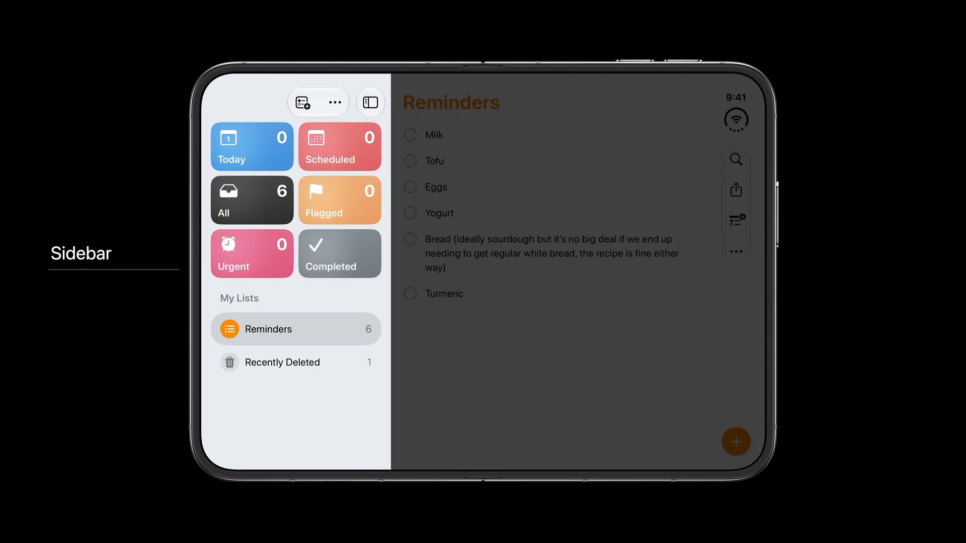 The same Reminders split view with the detail column dimmed and the sidebar labeled, showing its items remaining in a horizontal layout.
