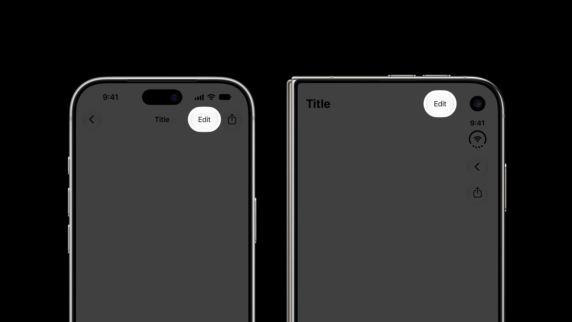 A conventional iPhone and iPhone Duo side by side. Edit stays as a text button at the top on both, while back and share move to the vertical bar on iPhone Duo.