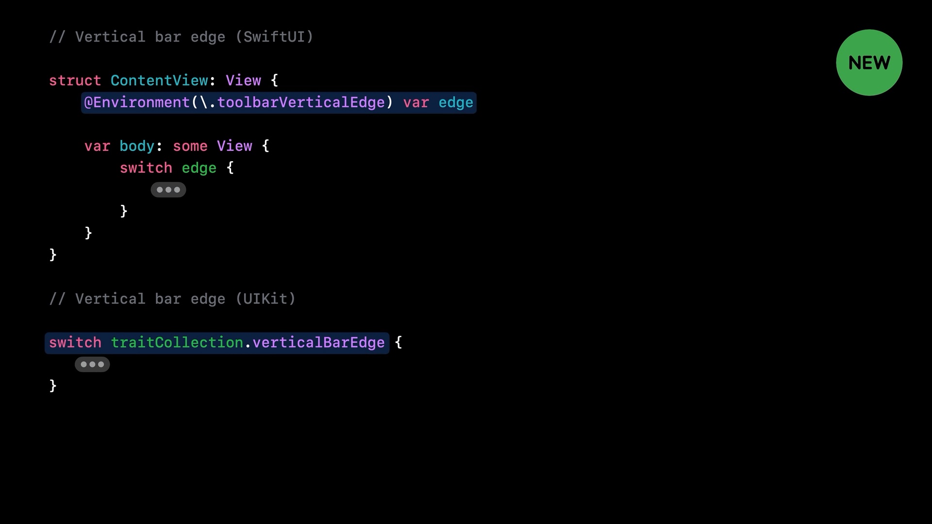 SwiftUI and UIKit code for reading toolbarVerticalEdge and verticalBarEdge, marked as new.