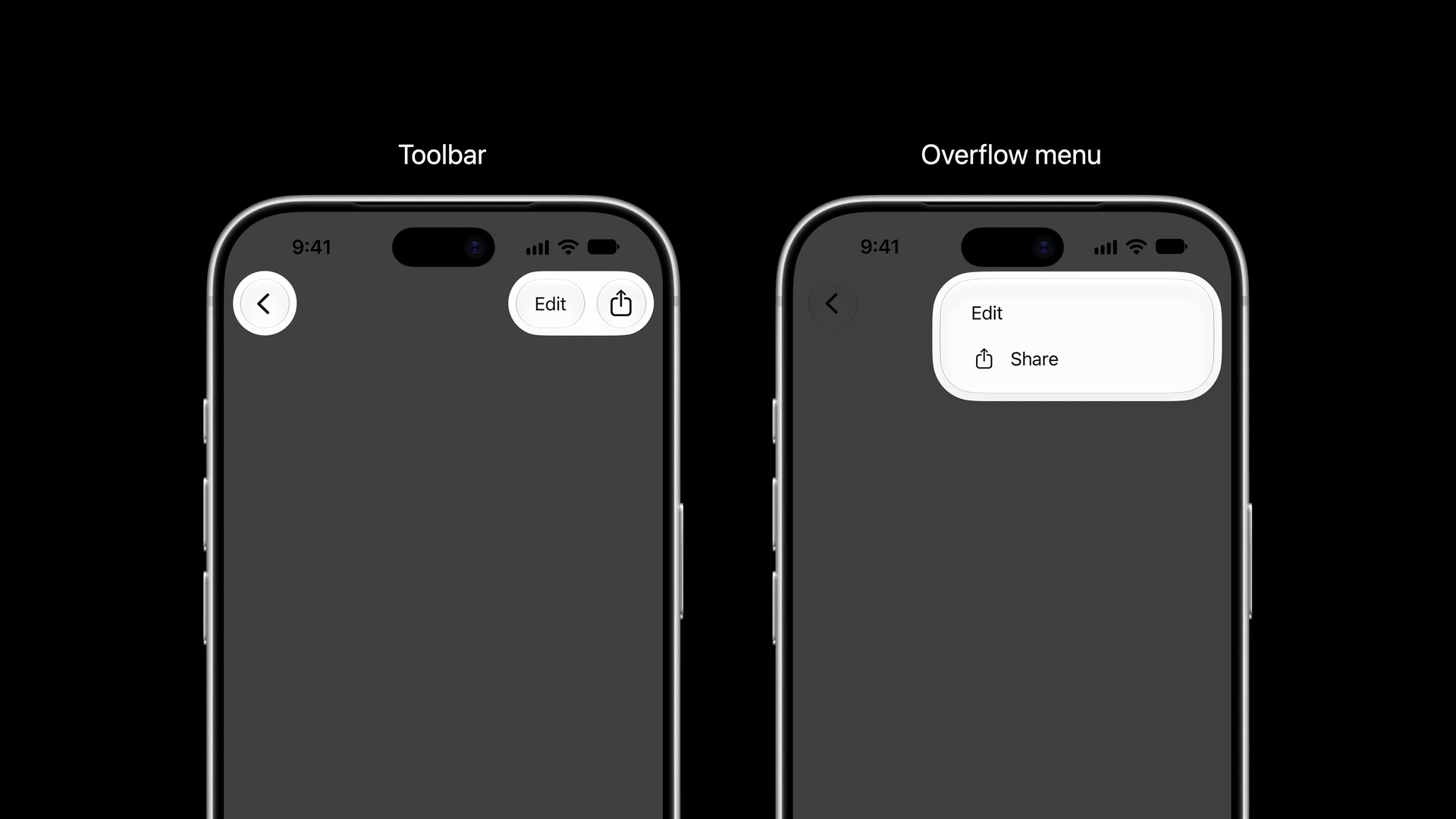 Two iPhones: a toolbar with Edit as text and Share as an icon, beside an overflow menu that shows both the Edit title and the Share icon with title.