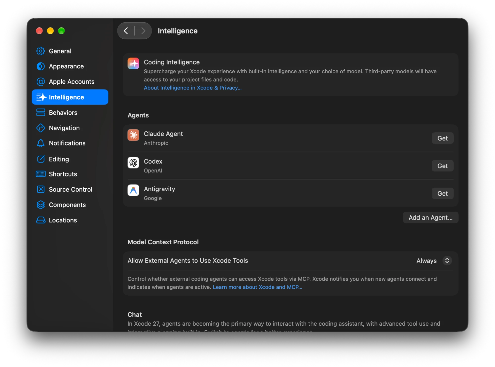 Xcode Settings on the Intelligence page. Under Model Context Protocol, Allow External Agents to Use Xcode Tools is set to Always.