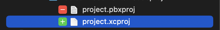 A commit in a git client showing project.pbxproj removed and project.xcproj added.