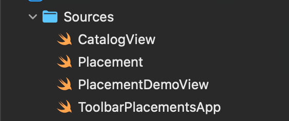 The Xcode Project navigator showing a blue Sources folder containing four Swift files.